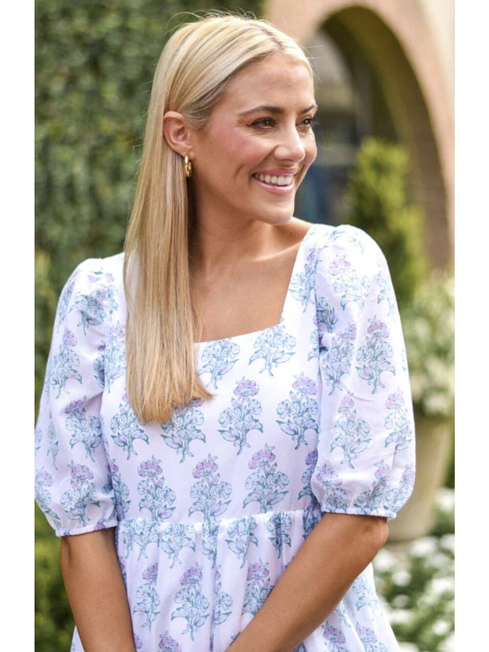 J. Marie Blue/White Pastel Floral Square Neck Tiered Babydoll Dress